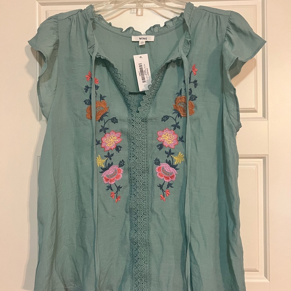 Mine Green Flutter Sleeve Embellished Blouse
